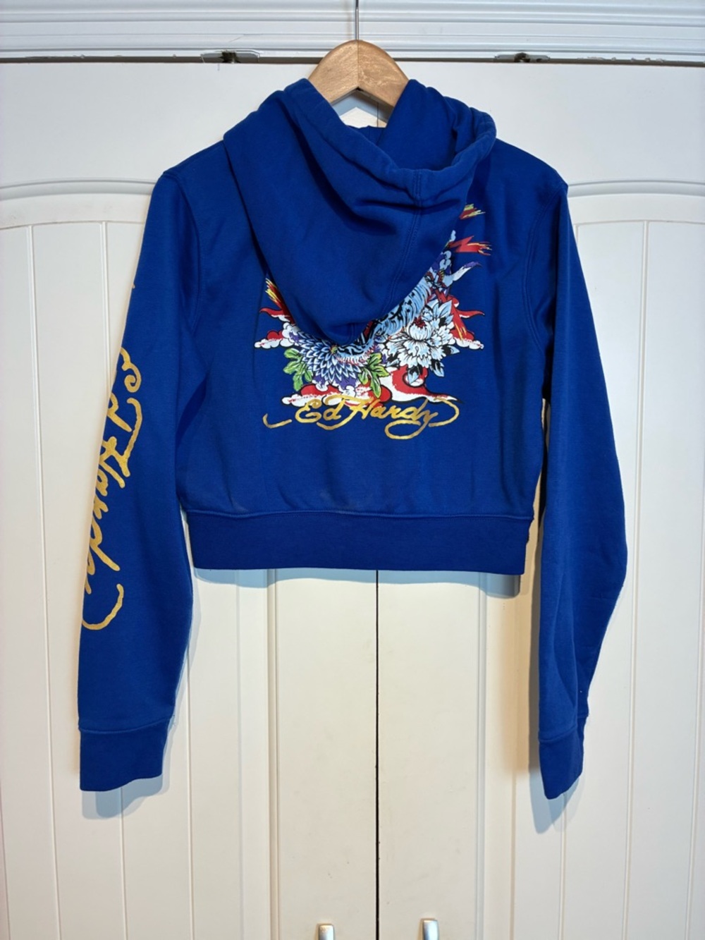Ed Hardy Blue Cropped Hoodie with Floral Bird Graphic Size L